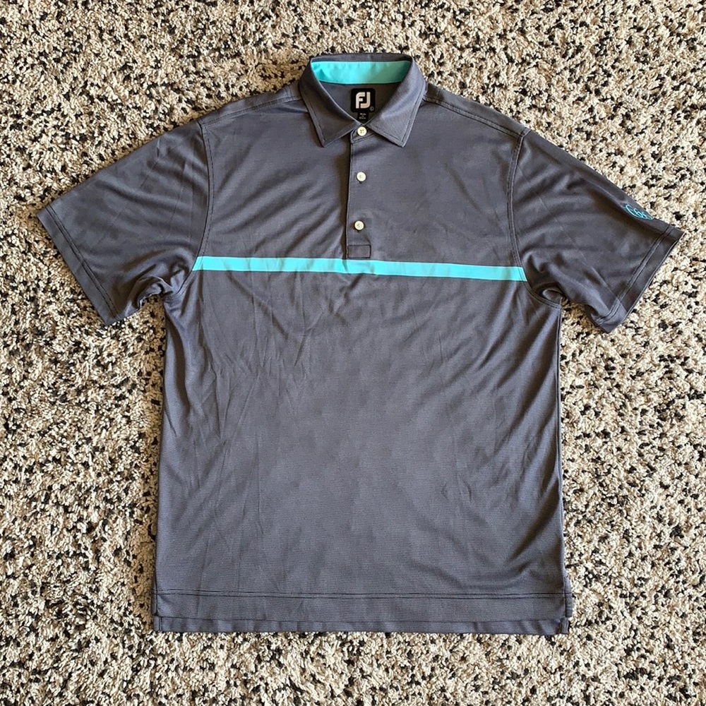 Footjoy Men’s Short Sleeve Grey Golf Shirt Blue Stripe GCC Sleeve Logo Large